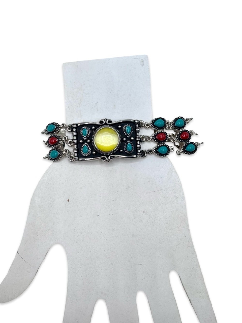 Boho Southwestern Multi-Stone Statement Bracelet Yellow Cabochon Silver Tone